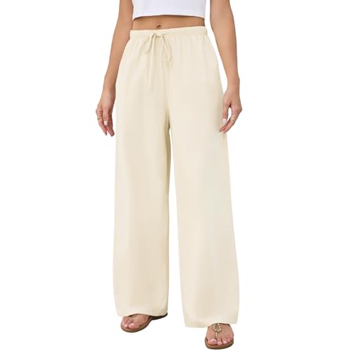 Getervb Hosen Leinen Damen Sommer Leicht Casual Leinenhose Damen Lang Locker Palazzo Hose Elegant High Waist Stoffhose Weites Bein Mit Taschen von Getervb