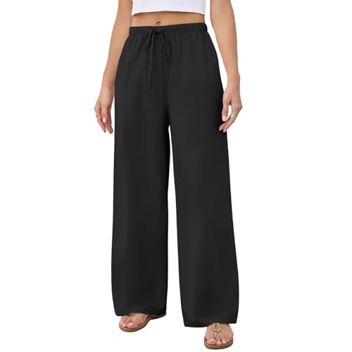 Getervb Hosen Leinen Damen Sommer Leicht Casual Leinenhose Damen Lang Locker Palazzo Hose Elegant High Waist Stoffhose Weites Bein Mit Taschen von Getervb