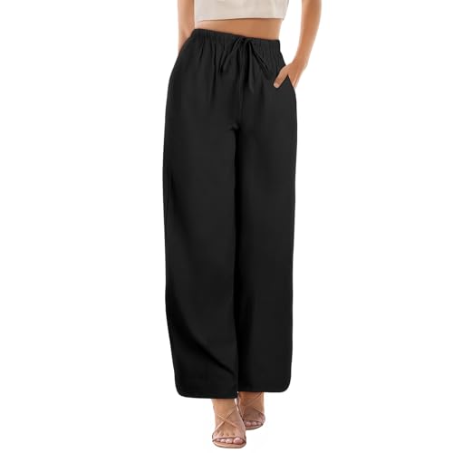 Getervb Hosen Leinen Damen Sommer Leicht Casual Leinenhose Damen Lang Locker Palazzo Hose Elegant High Waist Stoffhose Weites Bein Mit Taschen von Getervb