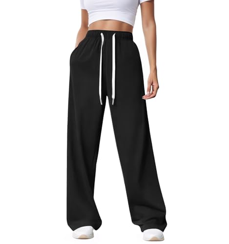 Getervb Jogginghose Damen Sporthose Lang mit Taschen Traininghose Elastischem Bund Sweatpants Wide Leg für Sport Fitness Yoga Freizeit von Getervb