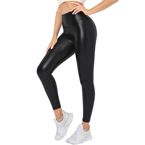 Getervb Kunstleder Leggings Damen High Waist Sexy Leder Leggings Lederoptik Push Up Strumpfhosen Lederhose Sporthose von Getervb