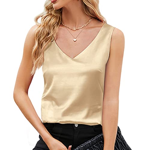 Getervb Tank Top Damen Sommer Satin V-Ausschnitt Ärmelloses Top Lockere Oberteile Elegant Tunika Shirts Cami Crop Top Lässiges von Getervb