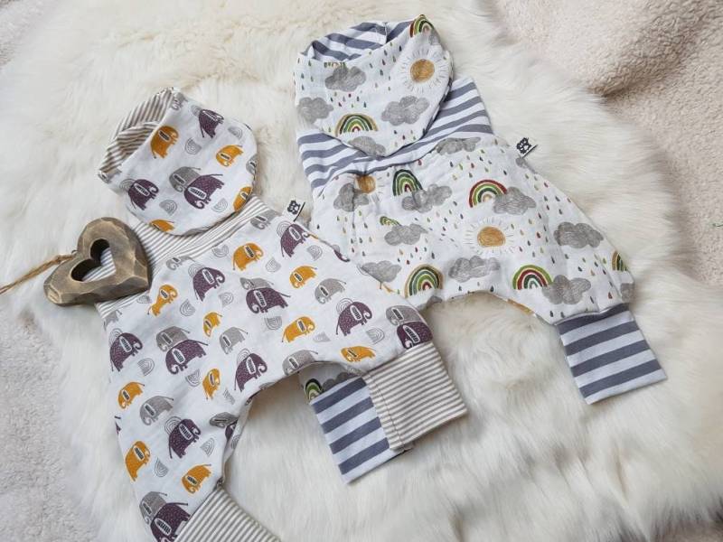 2x Pumphose Mitwachshose + 2xhalstuch Musselinhose Gr.50/56/62/68/74/80/86 Mädchen Junge Elefant Regenbogen Haremshose Getigerter-Loewe von GetigerterLoewe