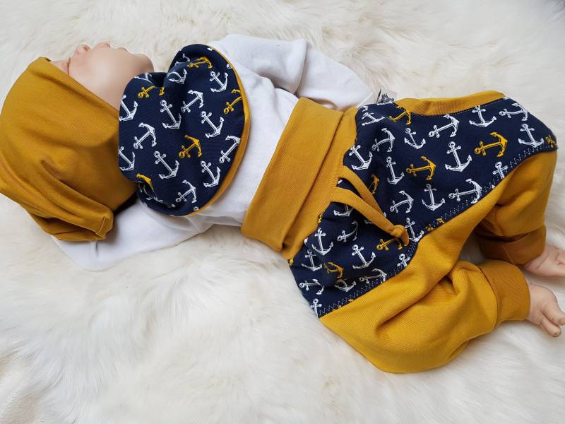 Baby-Set Pumphose+Halstuch+Beanie-Mütze Gr.(56-74 | 62-80 | 68-86 Geburts-Geschenk Anker Junge Handmade Erstlingsset Babyhose Senfgelb von GetigerterLoewe