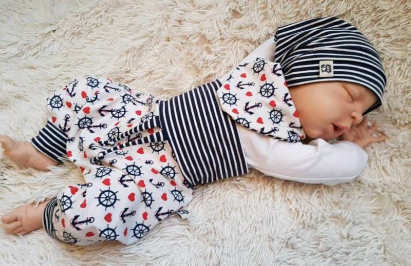 Baby-Set Pumphose+Halstuch+Beanie-Mütze Gr.50, 56, 62, 68, 74, 80, 86, 92 Geburts-Geschenk Junge Handmade Erstlingsset Babyhose Anker Maritim von GetigerterLoewe