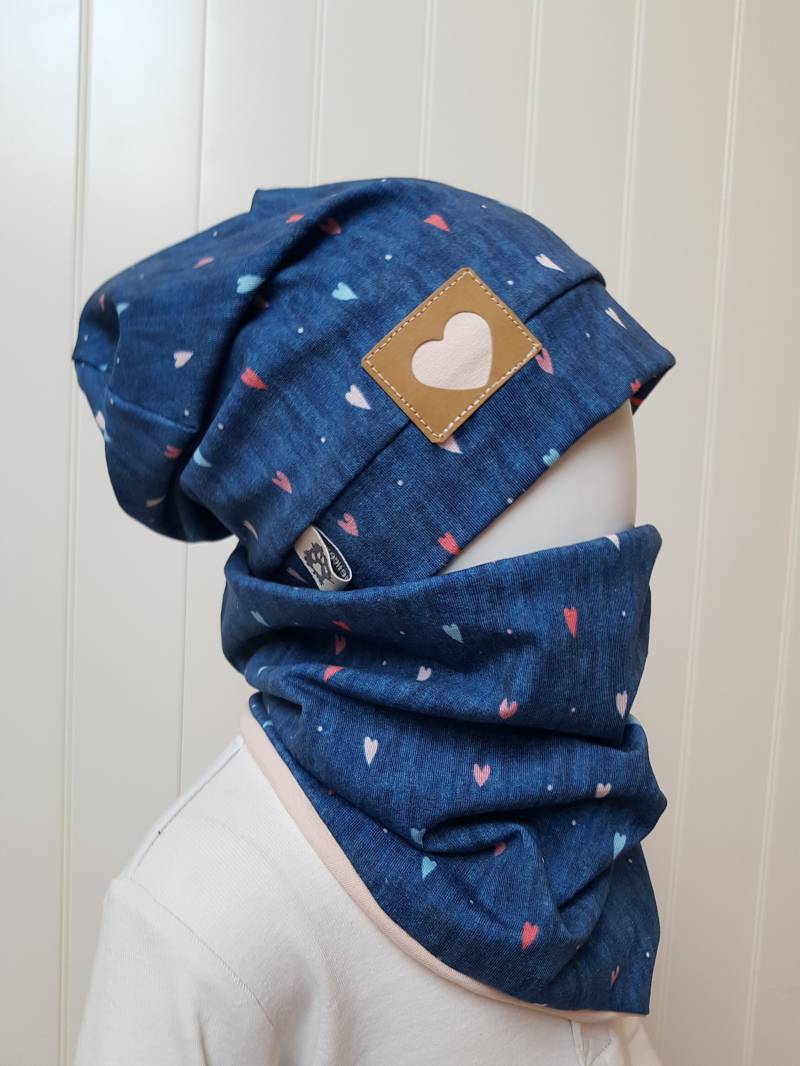Beanie Mütze + Loopschal Set Gr 40-57cm Mädchenmütze Kindermütze Blau Rosa Herzchen Jerseymütze Getigerter-Loewe Übergangszeit Einlagig von GetigerterLoewe