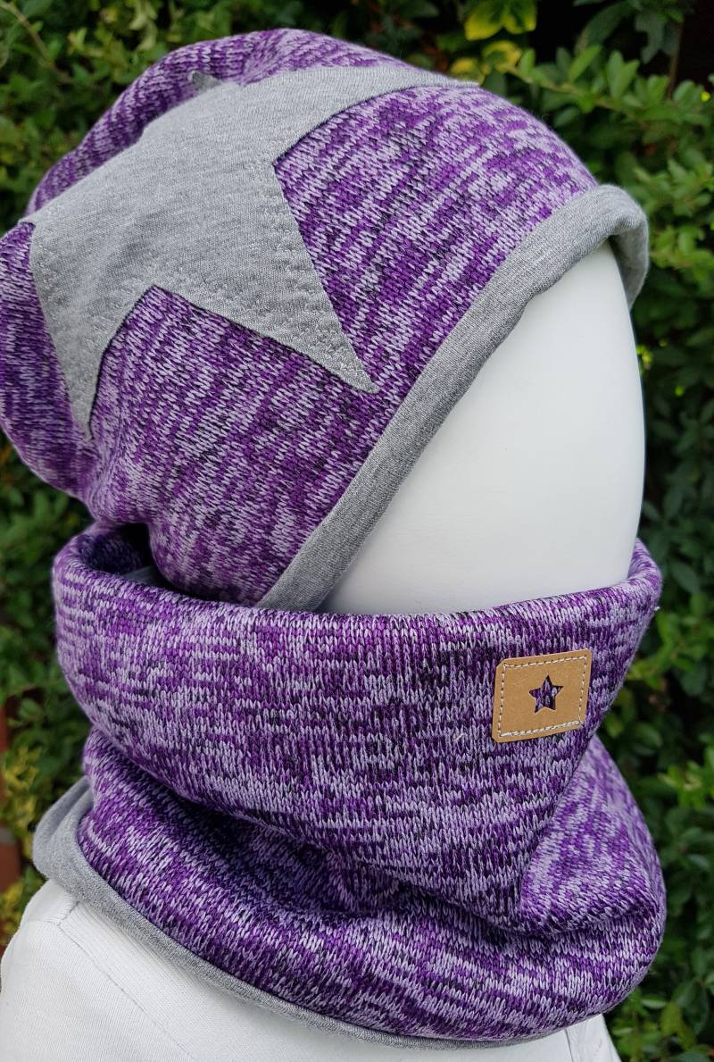 Beanie Mütze + Loopschal Set Gr 40-57cm Mädchenmütze Kindermütze Strickmütze Lila-Meliert Getigerter-Löwe Übergangsmütze von GetigerterLoewe