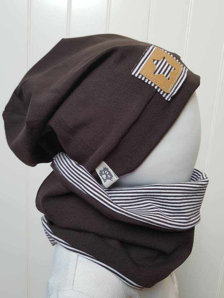 Beanie Mütze + Loopschal Set Gr 40-60cm Damenmütze Kindermütze Herren-Beanie Braun Streifen Jerseymütze Getigerter-Loewe von GetigerterLoewe