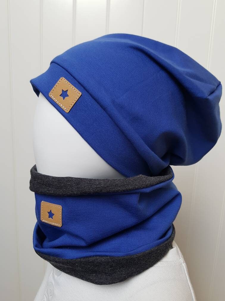 Beanie Mütze + Loopschal Set Gr 40-60cm Damenmütze Kindermütze Herren-Beanie Royalblau Jerseymütze Getigerter-Loewe von GetigerterLoewe