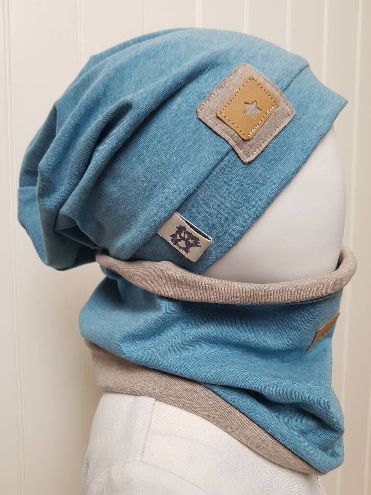 Beanie Mütze + Loopschal Set Gr 40-60cm Damenmütze Kindermütze Herren-Beanie Türkisblau-Meliert Jerseymütze Getigerter-Loewe von GetigerterLoewe