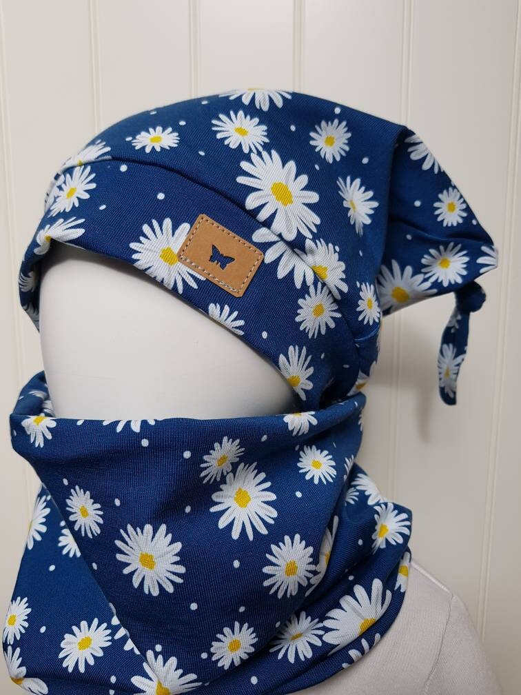Set Beanie Mütze + Loop Schal Gr, 40 45 47 50 52 57 cm Knotenmütze Mädchenmütze Kindermütze Gänseblümchen Jerseymütze Getigerter-Löwe von GetigerterLoewe