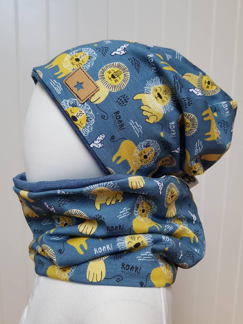 Set Beanie Mütze + Loop Schal Gr, 40 45 47 50 52 57 cm Mädchenmütze Kindermütze Loewen Senf Rauchblau Jerseymütze Getigerter-Löwe Set Beanie Mütze + Loop Schal Gr, 40 45 47 50 52 57 cm Mädchenmütze Kindermütze Loewen Senf Rauchblau Jerseymütze Getigerter-Löwe von GetigerterLoewe