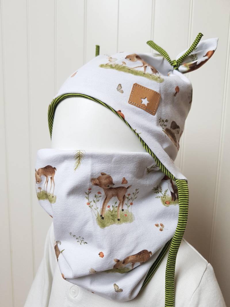 Set Öhrchen-Mütze+ Loop-Schal Gr.36 38 40 42 45 47 50 52cm Mädchenmütze Babymütze Tiere Jungsmütze Übergangszeit Bindemütze Getigerter-Löwe von GetigerterLoewe