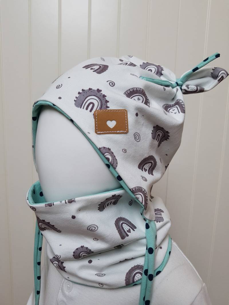 Set Öhrchen-Mütze+ Loop-Schal Gr.36 38 40 42 45 47 50 52cm Mädchenmütze Jungsmütze Mint Regenbogen Bindemütze Getigerter-Löwe von GetigerterLoewe
