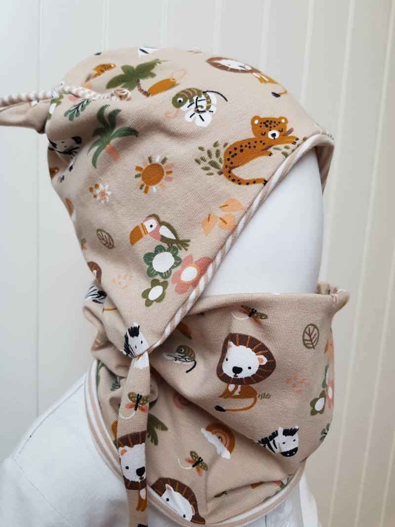 Set Öhrchenmütze+ Loop-Schal Gr.36 38 40 42 45 47 50 52cm Mädchenmütze Babymütze Beige Tiere Rosa Bindemütze Getigerter-Löwe von GetigerterLoewe