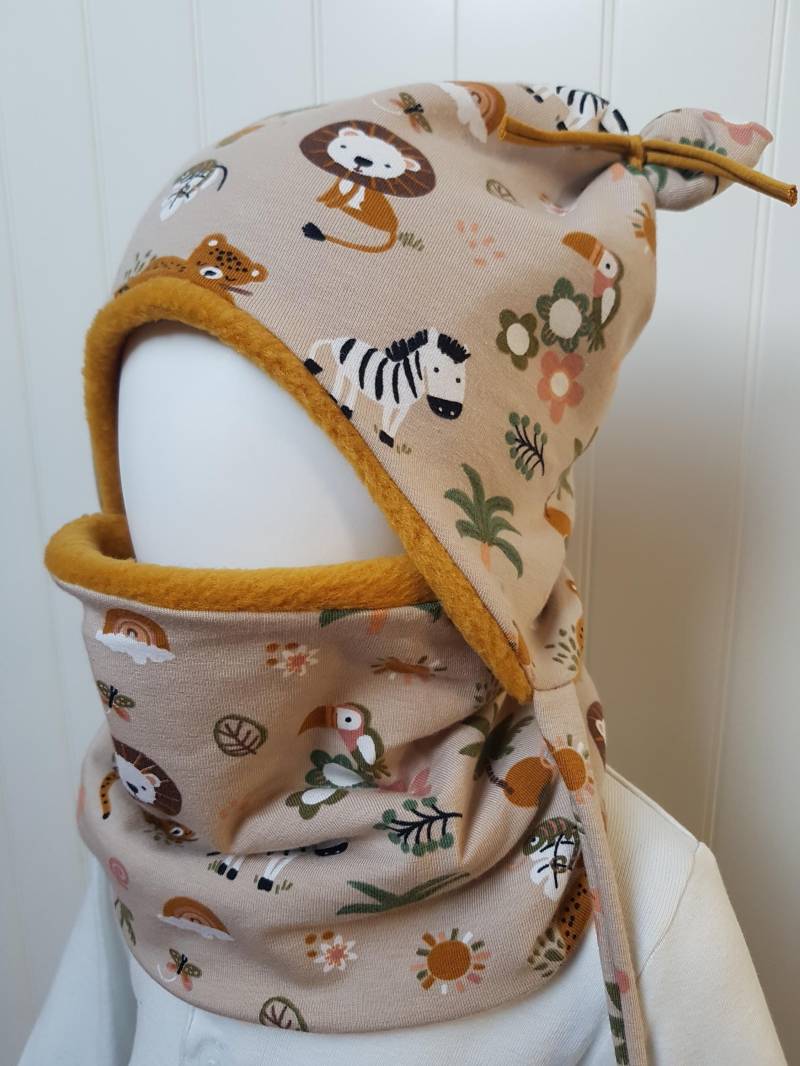 Set Öhrchenmütze+ Loop-Schal Gr.36 38 40 42 45 47 50 52cm Mädchenmütze Babymütze Beige Tiere Rosa Bindemütze Getigerter-Löwe von GetigerterLoewe