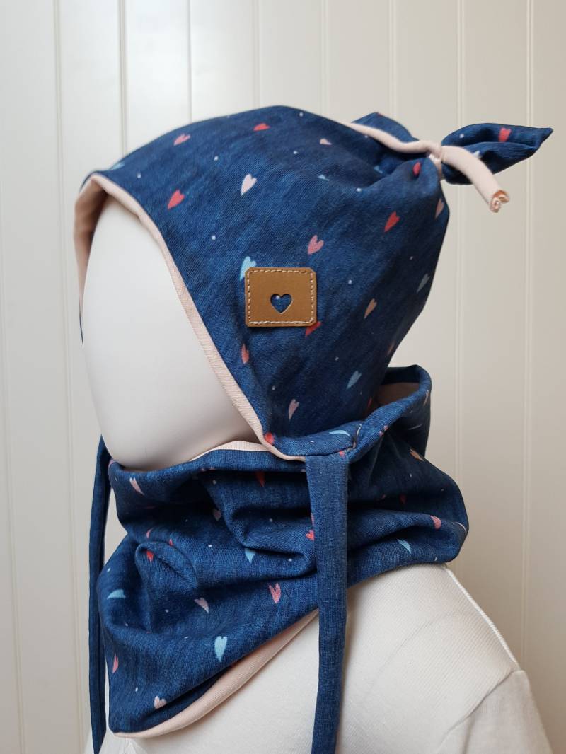 Set Öhrchenmütze+ Loop-Schal Gr.36 38 40 42 45 47 50 52cm Mädchenmütze Babymütze Herzchen Blau Rosa Bindemütze Getigerter-Löwe von GetigerterLoewe