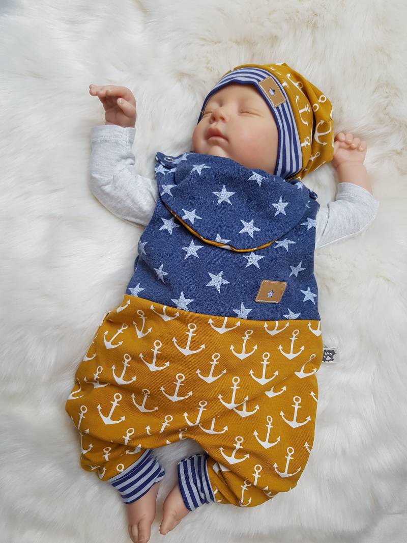 Set Strampler+Beaniemütze+Halstuch, Gr.50/56/62/68/74/86 Senf Blau Sterne Junge Mädchen Anker Erstlingsset Getigerter-Loewe Geburtsgeschenk von GetigerterLoewe
