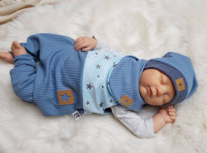 Set Strampler Mit Beaniemütze U Halstuch Gr.50/56/62/68/74/86 Blau Sterne Jungs Mädchen Erstlingsset Getigerter-Loewe Geburtsgeschenk von GetigerterLoewe