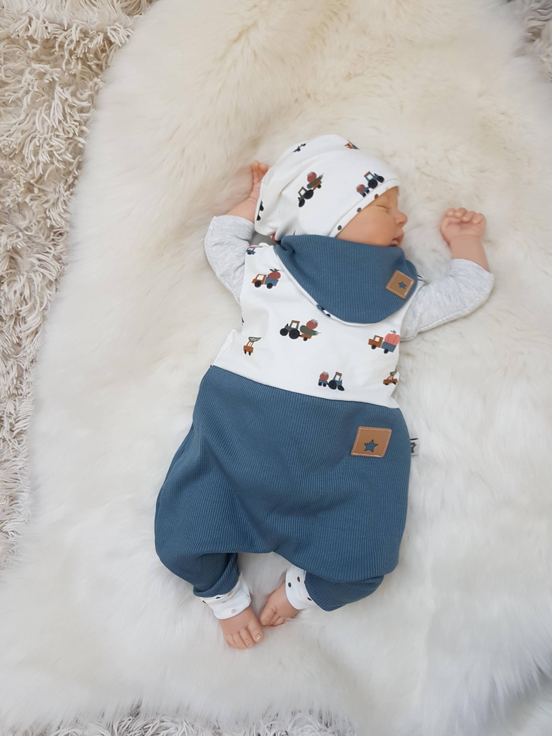 Set Strampler Mit Beaniemütze U Halstuch Gr.50/56/62/68/74/86 Junge Mädchen Traktor Taufe Erstlingsset Getigerter-Loewe Geburtsgeschenk Ripp von GetigerterLoewe