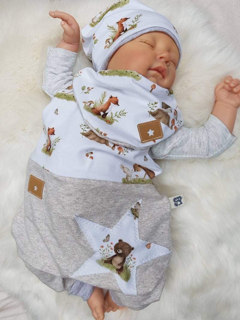 Set Strampler Mit Beaniemütze Und Halstuch Gr.50/56/62/68/74/86 Tiere Bär Fuchs Junge Mädchen Erstlingsset Getigerter-Loewe Geburtsgeschen von GetigerterLoewe