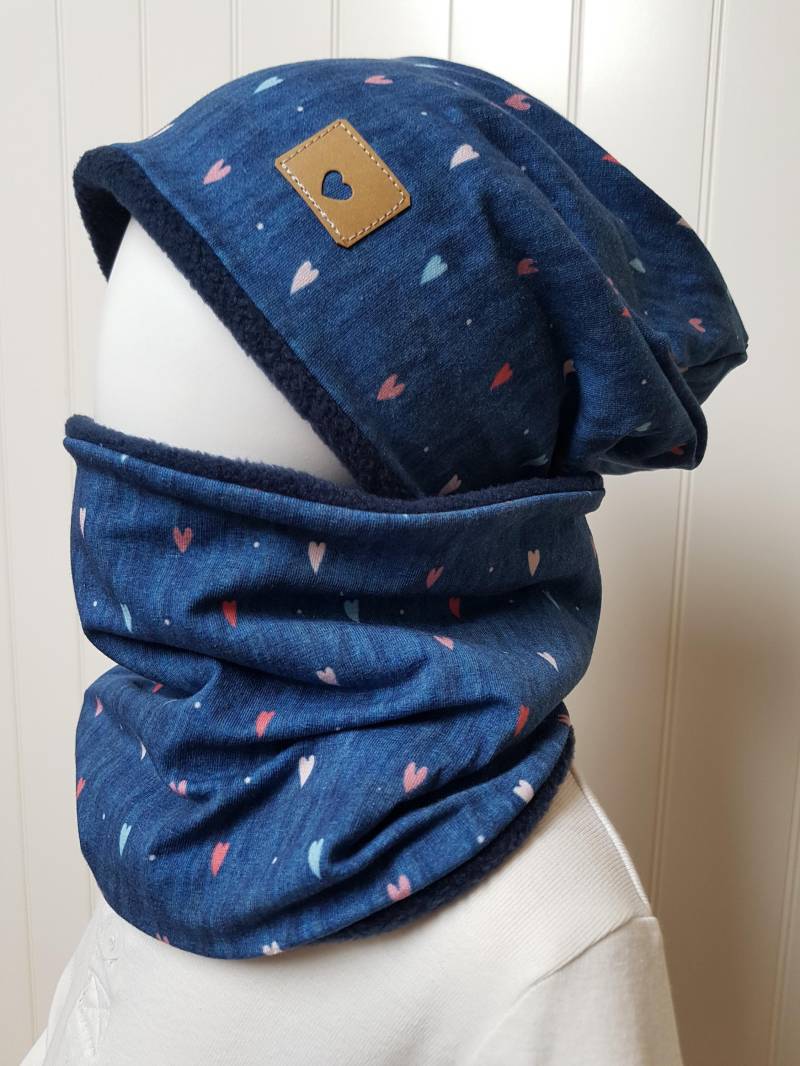 Set Winter-Beanie Mütze + Loop Schal Gr, 40 45 47 50 52 57cm Wintermütze Kindermütze Herzchen Blau Rosa Mädchenmütze Getigerter-Löwe von GetigerterLoewe