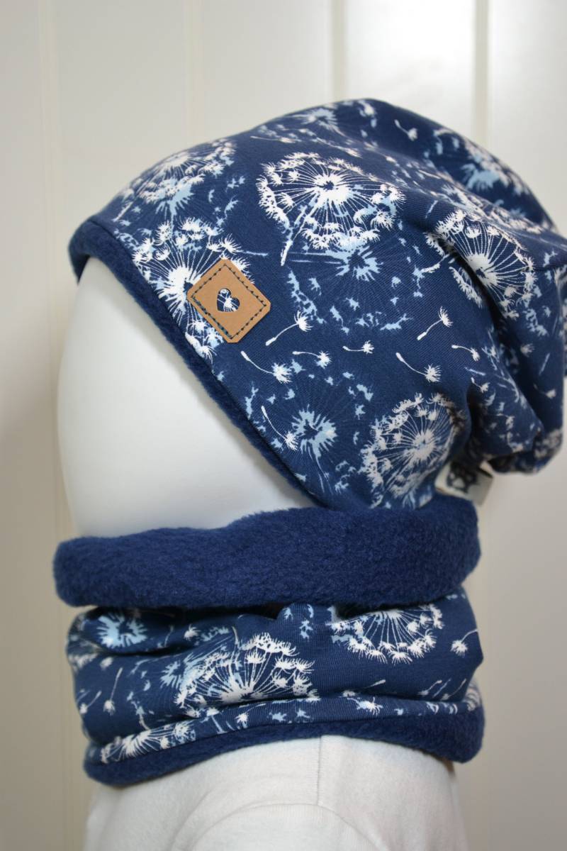 Set Winter-Beanie Mütze + Loop Schal Gr, 40 45 47 50 52 57cm Wintermütze Kindermütze Pusteblume Blau Getigerter-Löwe von GetigerterLoewe