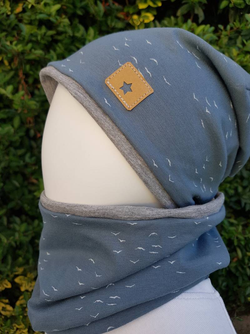 Wende Beanie Mütze + Loopschal Set Gr 40-57cm Jungsmütze Kindermütze Übergangsmütze Sterne Rauchblau Vogel Junge Getigerter-Löwe von GetigerterLoewe