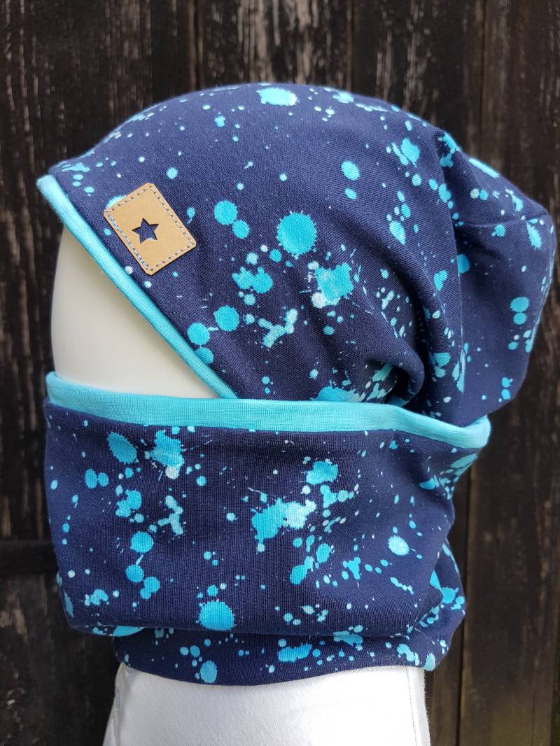 Wende-Beanie Mütze + Loopschal Set Gr 40-57cm Jungsmütze Mädchenmütze Kindermütze Blau Türkis Jerseymütze Punkte von GetigerterLoewe