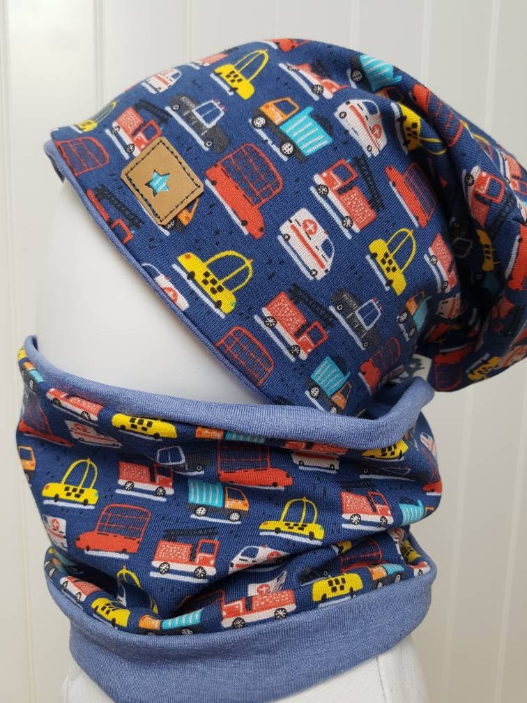 Wende-Beanie Mütze + Loopschal Set Gr 40-57cm Kindermütze Auto Blau Senfgelb Übergangsmütze Jerseymütze Getigerter-Loewe von GetigerterLoewe