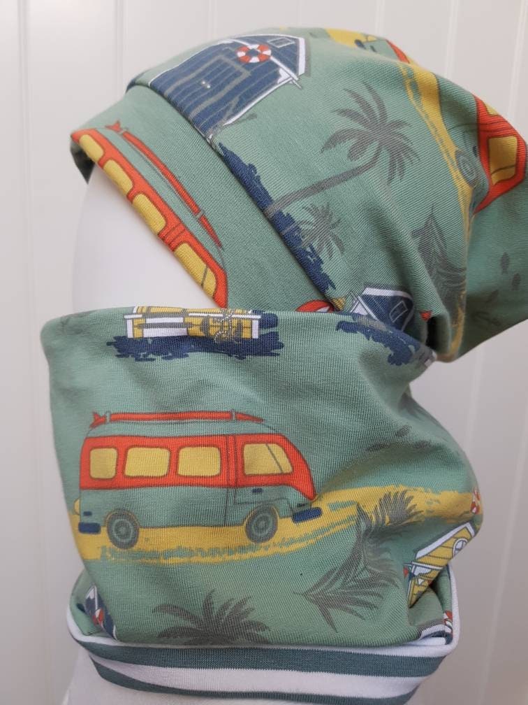 Wende-Beanie Mütze + Loopschal Set Gr 40-57cm Kindermütze Palmen Bus Altgrün Senfgelb Übergangsmütze Jerseymütze Getigerter-Loewe von GetigerterLoewe