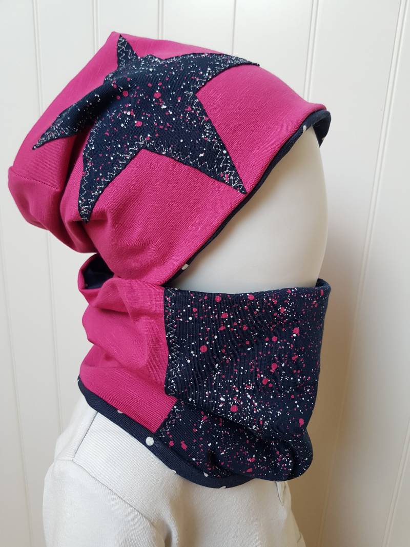 Wende-Beanie Mütze + Loopschal Set Gr 40-57cm Mädchenmütze Kindermütze Blau Pink Jerseymütze Punkte von GetigerterLoewe