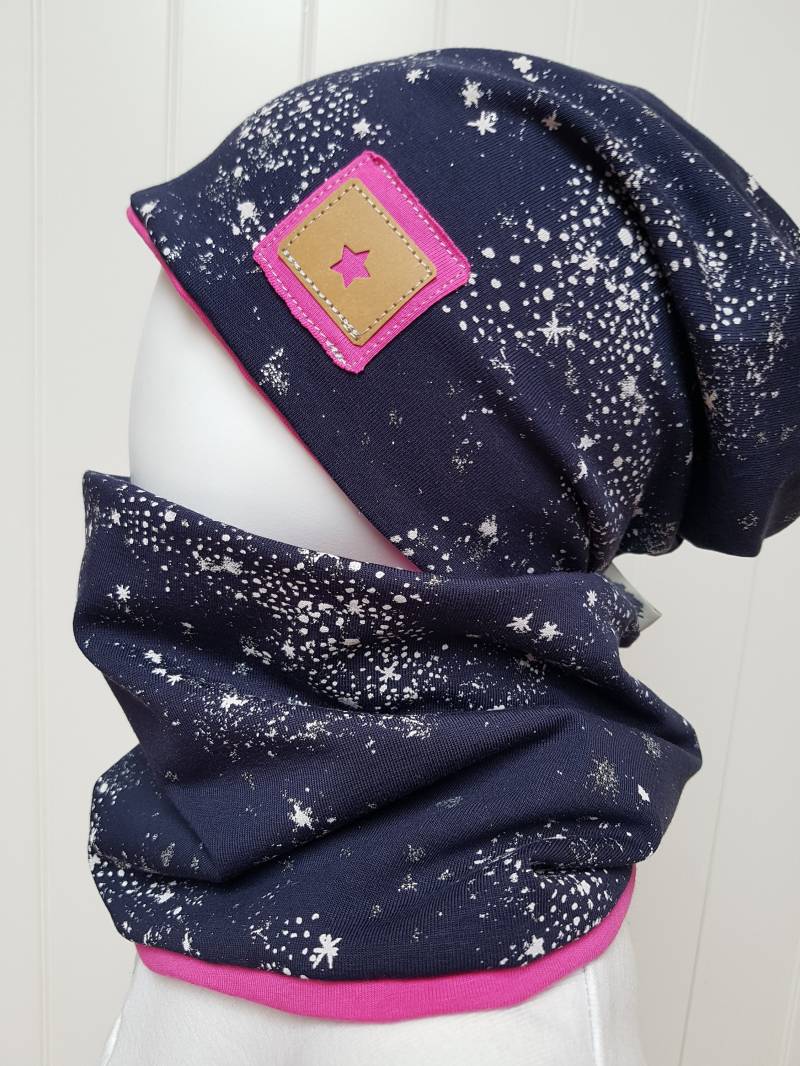 Wende-Beanie Mütze + Loopschal Set Gr 40-57cm Mädchenmütze Kindermütze Dunkeblau Pink Jerseymütze Punkte Glitzer von GetigerterLoewe