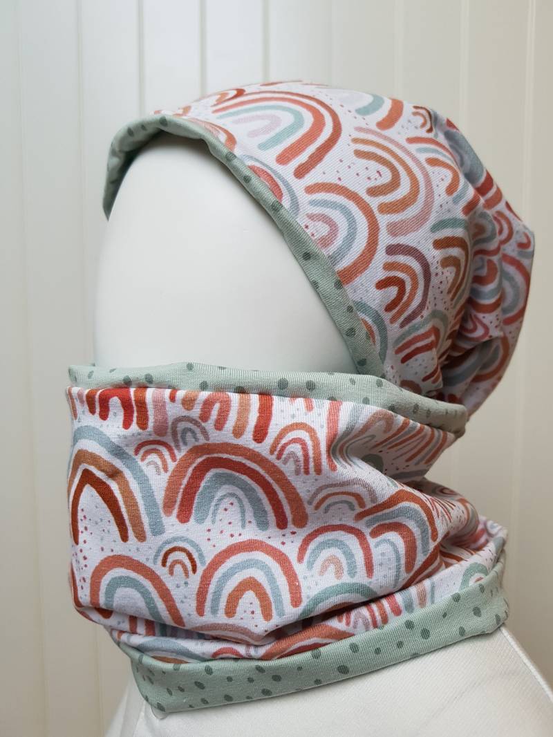 Wende-Beanie Mütze + Loopschal Set Gr 40-57cm Mädchenmütze Kindermütze Orange Mint Regenbogen Jerseymütze Getigerter-Loewe Übergangszeit von GetigerterLoewe