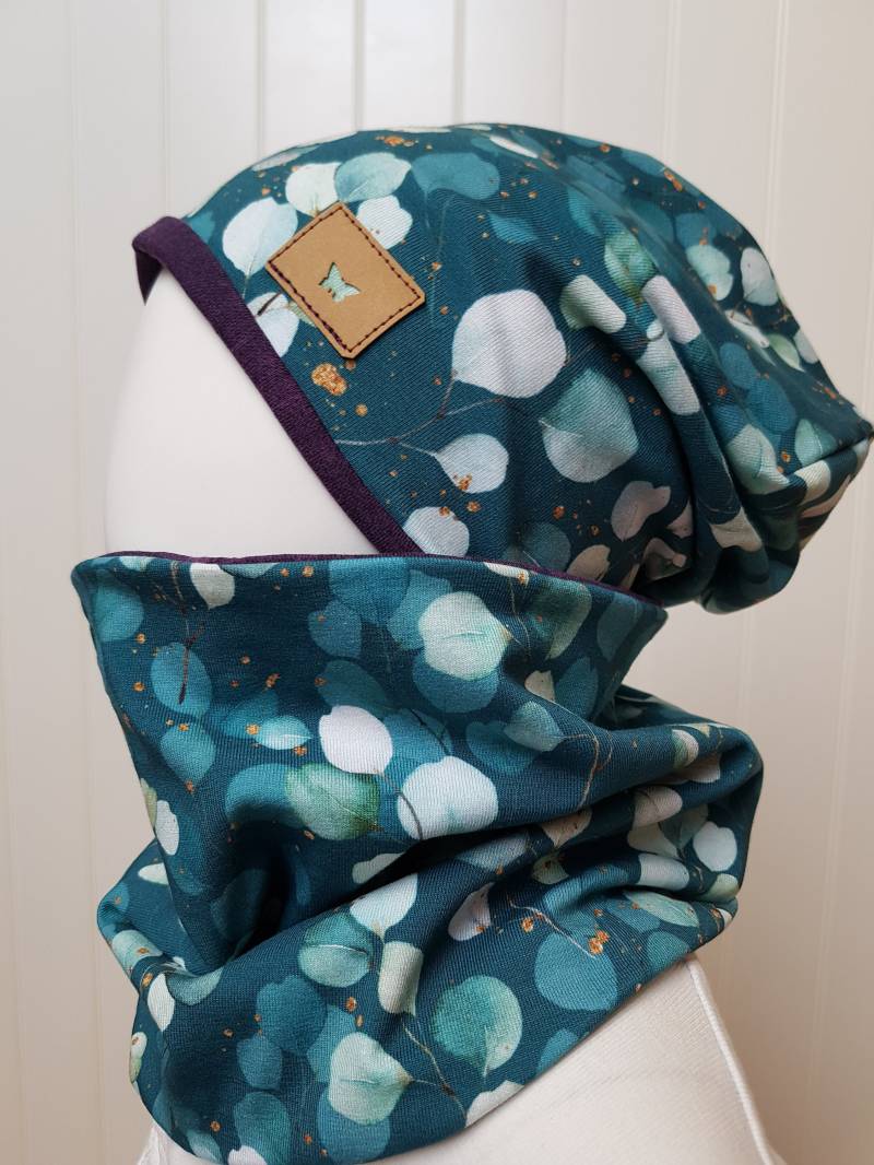 Wende-Beanie Mütze + Loopschal Set Gr 40-57cm Mädchenmütze Kindermütze Petrol Lila Eukalyptus Jerseymütze Getigerter-Loewe Übergangszeit von GetigerterLoewe