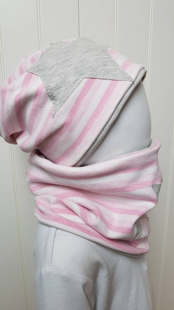 Wende-Beanie Mütze + Loopschal Set Gr 40-57cm Mädchenmütze Kindermütze Rosa Gestreift Stern Jerseymütze von GetigerterLoewe