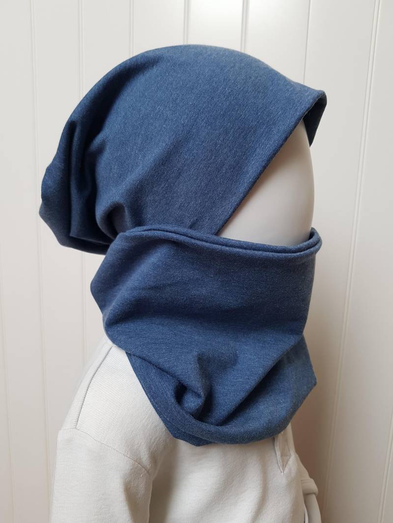 Wende-Beanie Mütze + Loopschal Set Gr 40-60cm Damenmütze Kindermütze Herren-Beanie Blau-Meliert Jerseymütze Getigerter-Loewe von GetigerterLoewe
