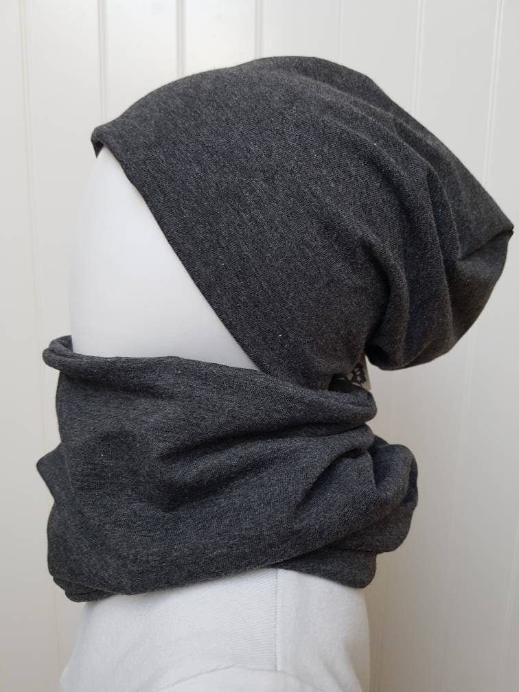 Wende-Beanie Mütze + Loopschal Set Gr 40-60cm Damenmütze Kindermütze Herren-Beanie Dunkelgrau-Meliert Jerseymütze Getigerter-Loewe von GetigerterLoewe