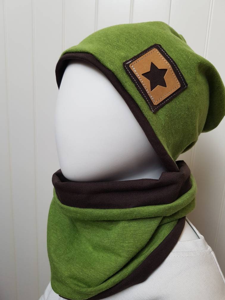 Wende-Beanie Mütze + Loopschal Set Gr 40-60cm Damenmütze Kindermütze Herren-Beanie Grün Braun Jerseymütze Getigerter-Loewe von GetigerterLoewe