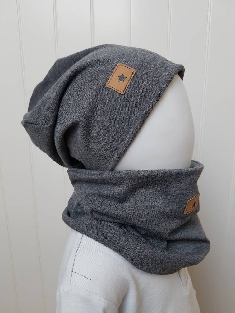 Wende-Beanie Mütze + Loopschal Set Gr 40-60cm Damenmütze Kindermütze Herren-Beanie Mittelgrau-Meliert Jerseymütze Getigerter-Loewe von GetigerterLoewe