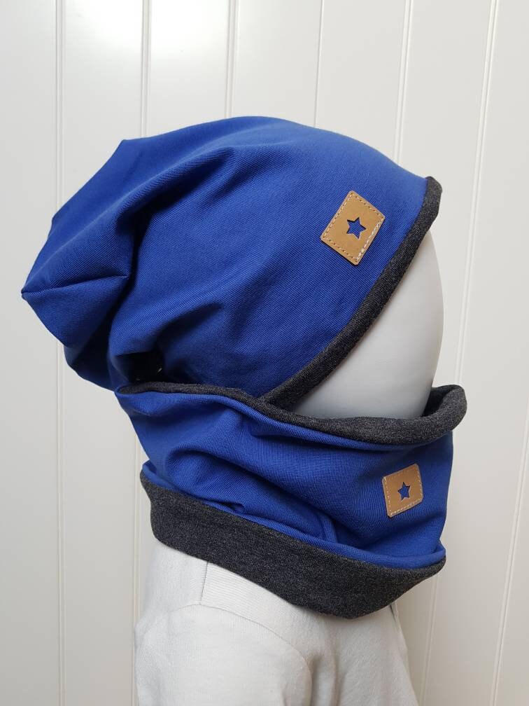 Wende-Beanie Mütze + Loopschal Set Gr 40-60cm Damenmütze Kindermütze Herren-Beanie Royalblau Jerseymütze Getigerter-Loewe von GetigerterLoewe