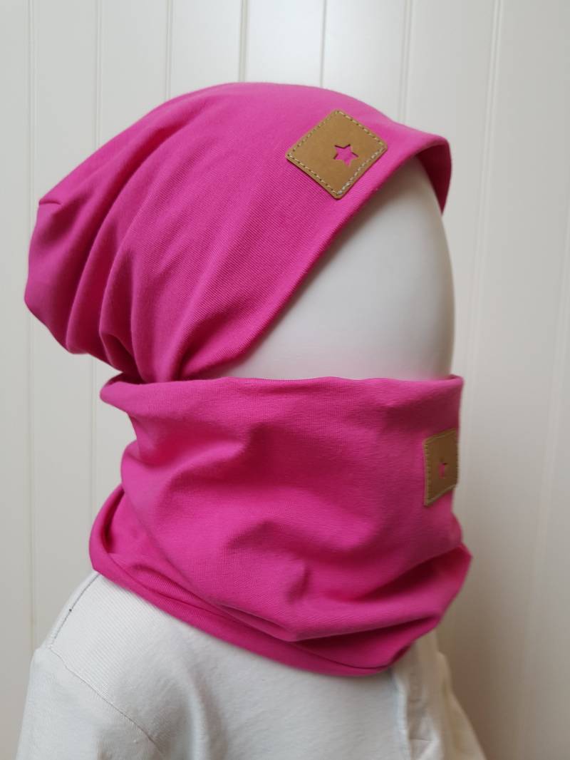 Wende-Beanie Mütze + Loopschal Set Gr 40-60cm Damenmütze Kindermütze Pink Jerseymütze Übergangsmütze Getigerter-Loewe von GetigerterLoewe