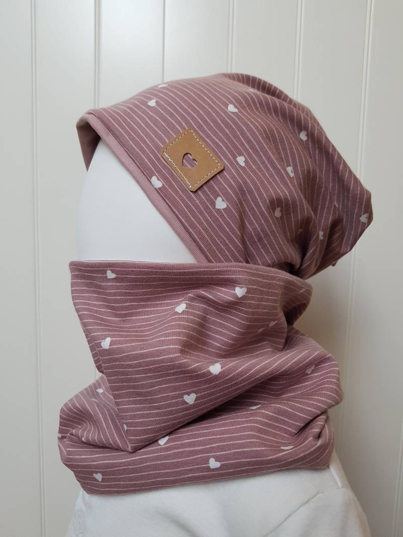 Wende-Beanie Mütze + Loopschal Set Gr 40-60cm Damenmütze Kindermütze Pink Jerseymütze Übergangsmütze Getigerter-Loewe von GetigerterLoewe