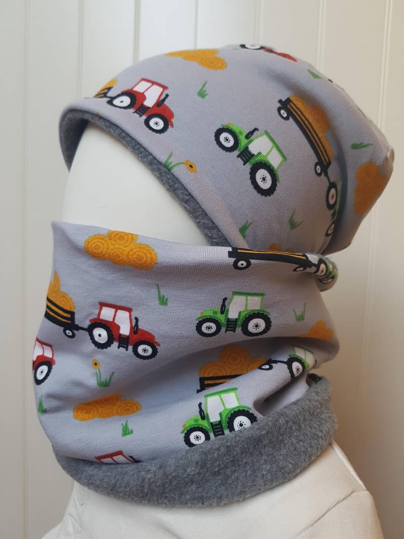 Winter Beanie Mütze + Loopschal Set Gr 50, 51, 53, 55, 55-57cm Jungsmütze Kindermütze Traktor Heuballen Getigerter-Löwe Wintermütze Fleecemütze von GetigerterLoewe