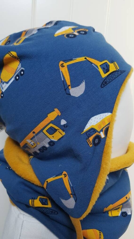 Winter-Ohren-Mütze + Loopschal Set Gr 40-56cm Jungsmütze Kindermütze Fleecemütze Baufahrzeuge Blau Senf Winterset Junge Getigerter-Löwe von GetigerterLoewe