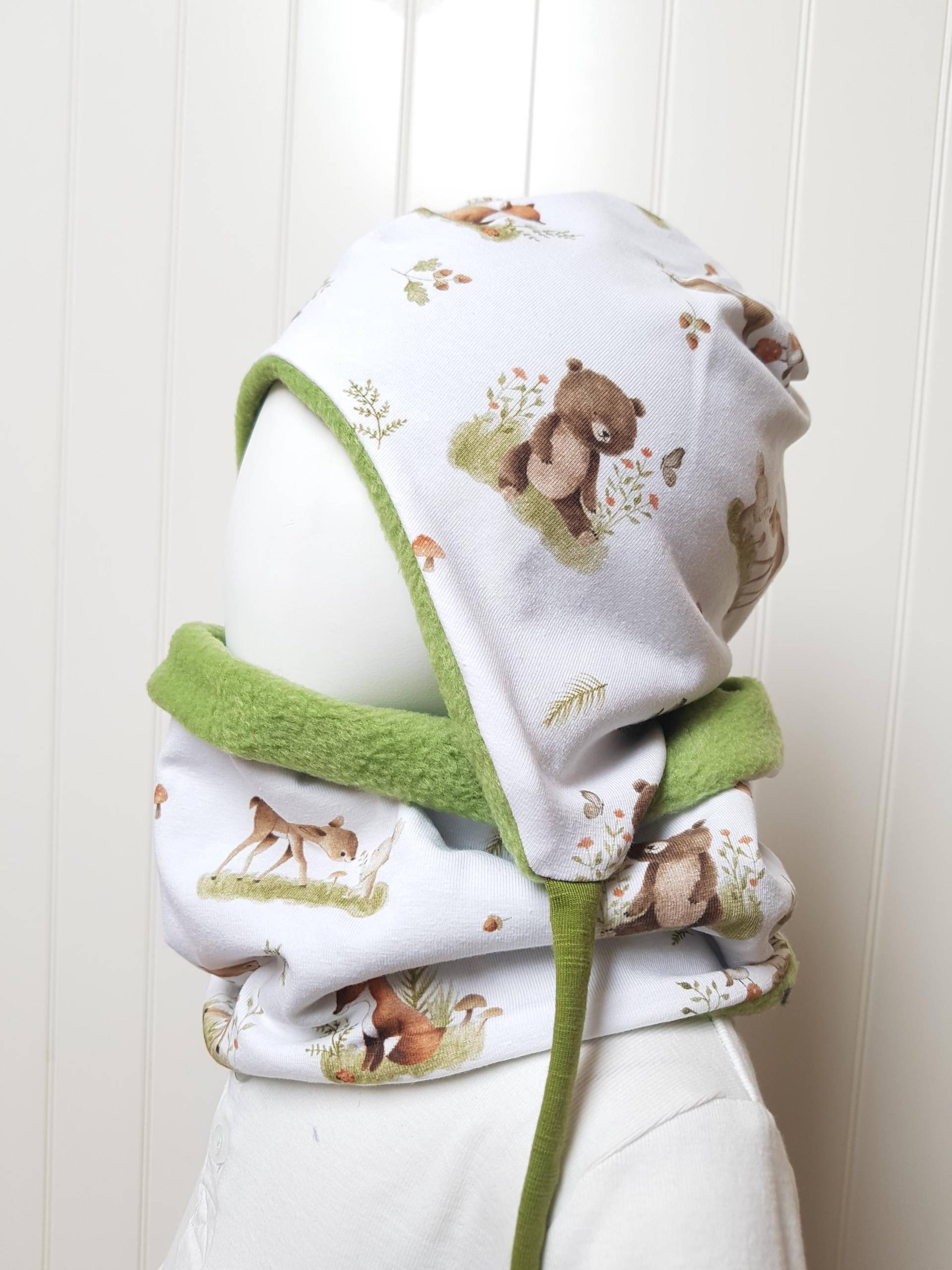 Winter-Ohren-Mütze + Loopschal Set Gr 40-56cm Jungsmütze Kindermütze Fleecemütze Tiere Reh Fuchs Igel Winterset Junge Getigerter-Löwe Warm von GetigerterLoewe