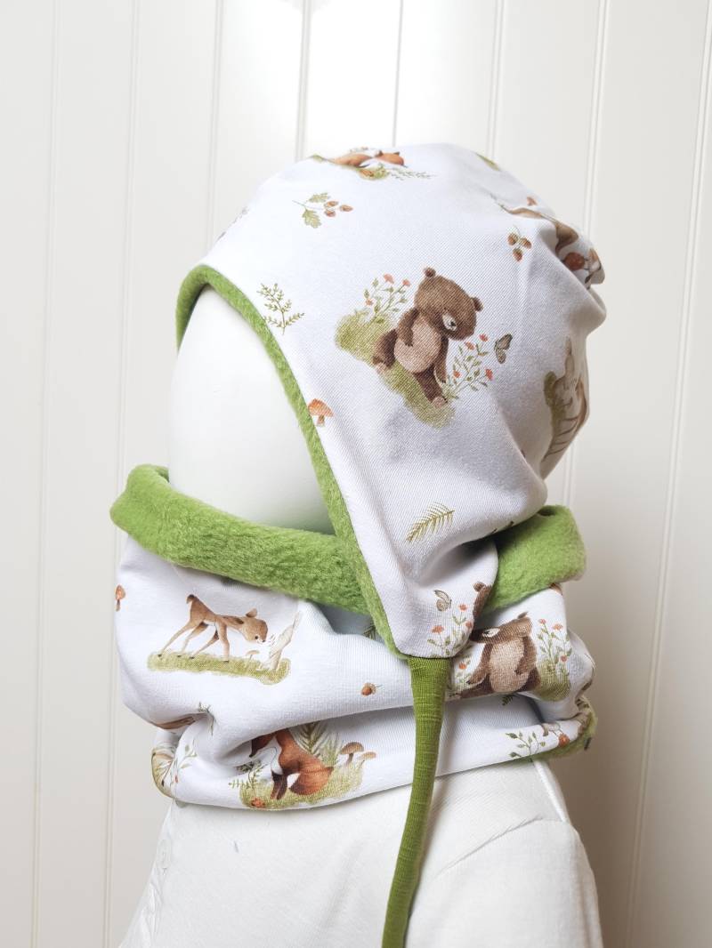 Winter-Ohren-Mütze + Loopschal Set Gr 40-56cm Jungsmütze Kindermütze Fleecemütze Tiere Reh Fuchs Igel Winterset Junge Getigerter-Löwe Warm von GetigerterLoewe