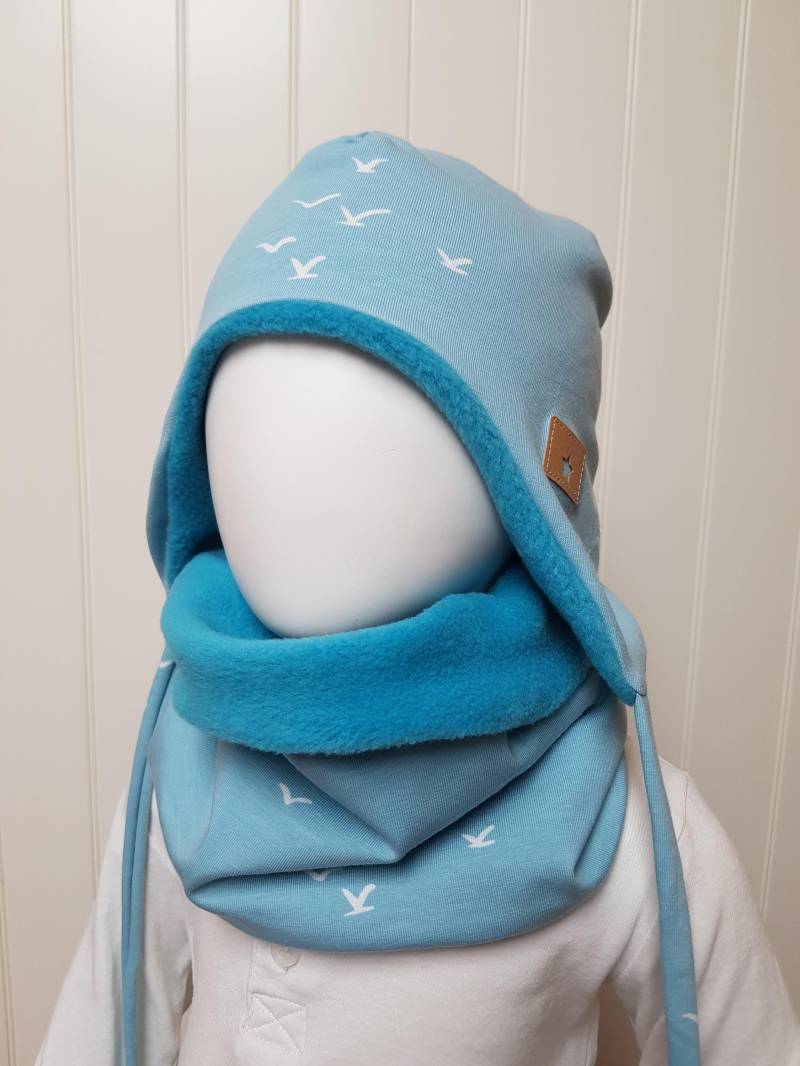 Winter-Ohren-Mütze + Loopschal Set Gr 40-56cm Jungsmütze Kindermütze Fleecemütze Vogelmuster Hellblau Winterset Junge Getigerter-Löwe von GetigerterLoewe