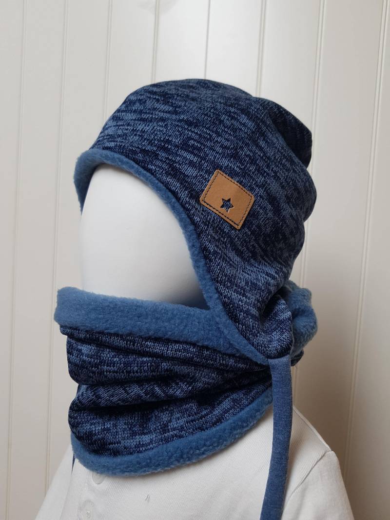 Winter-Ohrenmütze + Loopschal Set Gr 40-56cm Jungsmütze Kindermütze Fleecemütze Strickjersey Blau Winterset Junge Getigerter-Löwe Warme Mütz von GetigerterLoewe