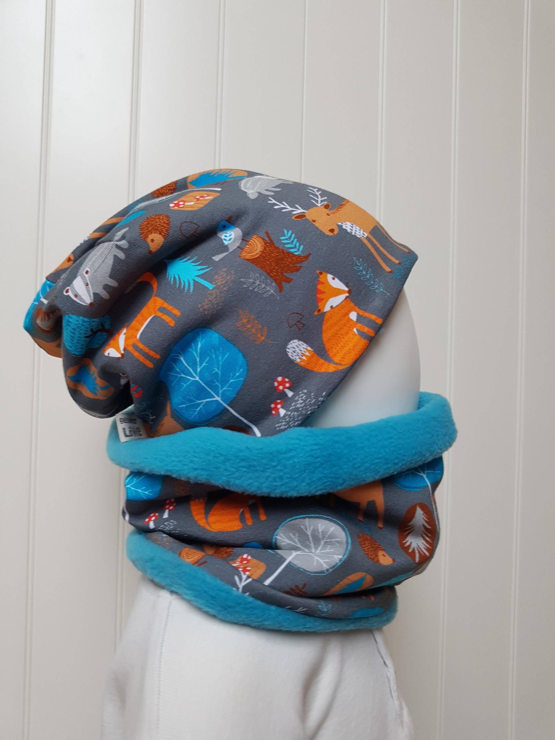 Winter Set Beanie Mütze + Loopschal Gr40, 45, 47, 50, 51, 53, 55-57cm Jungsmütze Kindermütze Wintermütze Waldtiere Warm Fleece Getigerter-Löwe von GetigerterLoewe